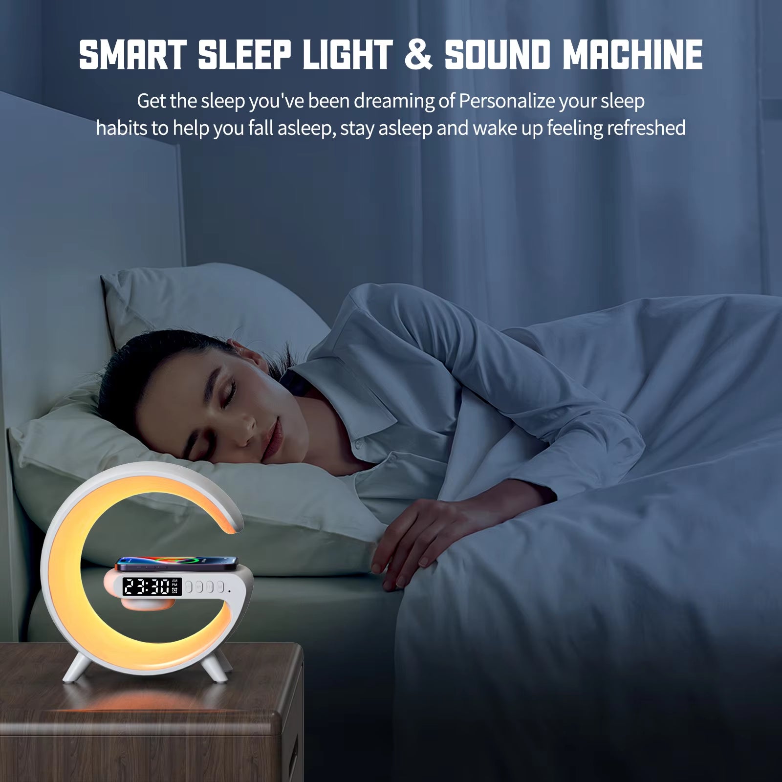 LED Smart Wake up Light RGB Night Light with Wireless Speaker 15W Wireless Rechargeable Desk Lamp for Bedroom Bedside Game Room