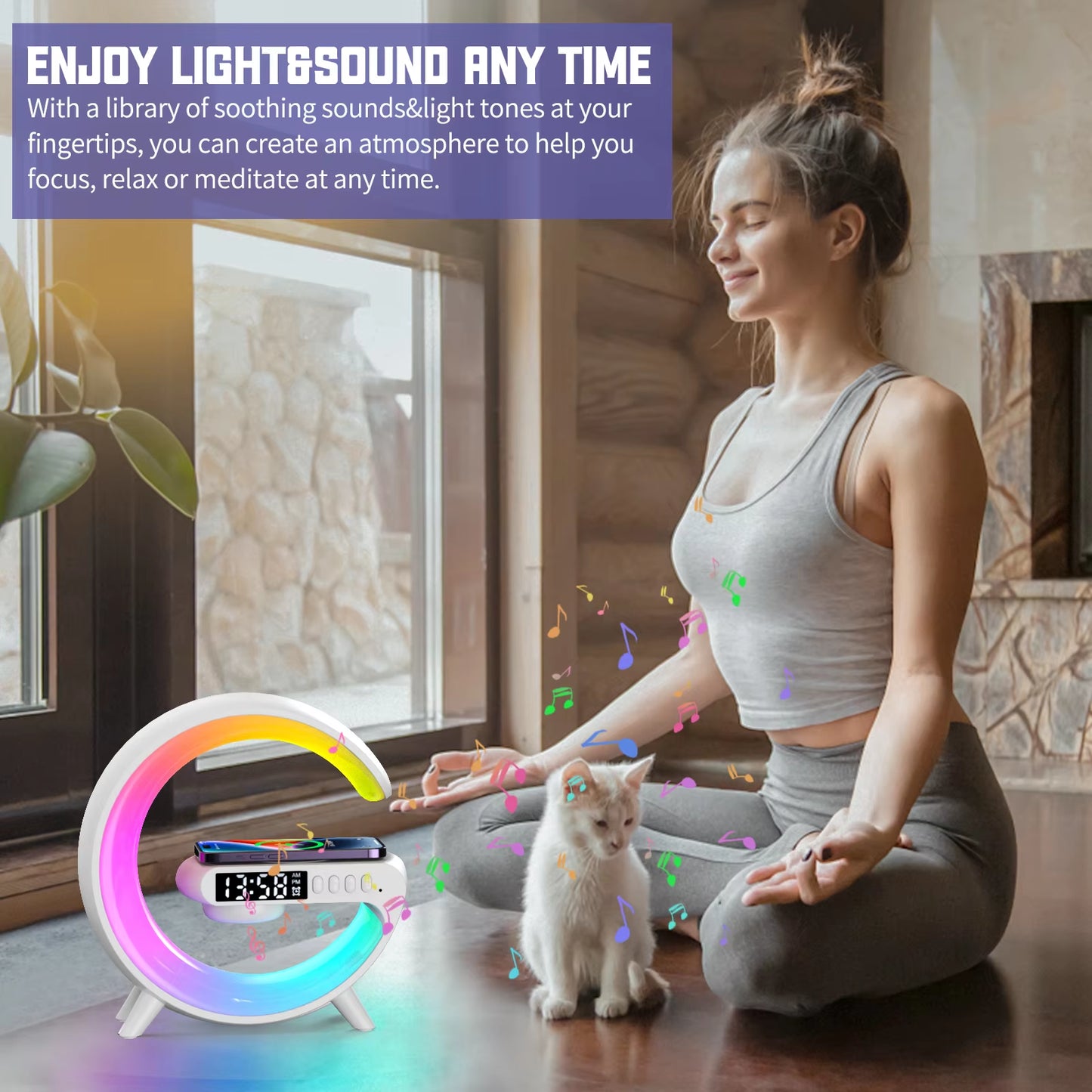 LED Smart Wake up Light RGB Night Light with Wireless Speaker 15W Wireless Rechargeable Desk Lamp for Bedroom Bedside Game Room