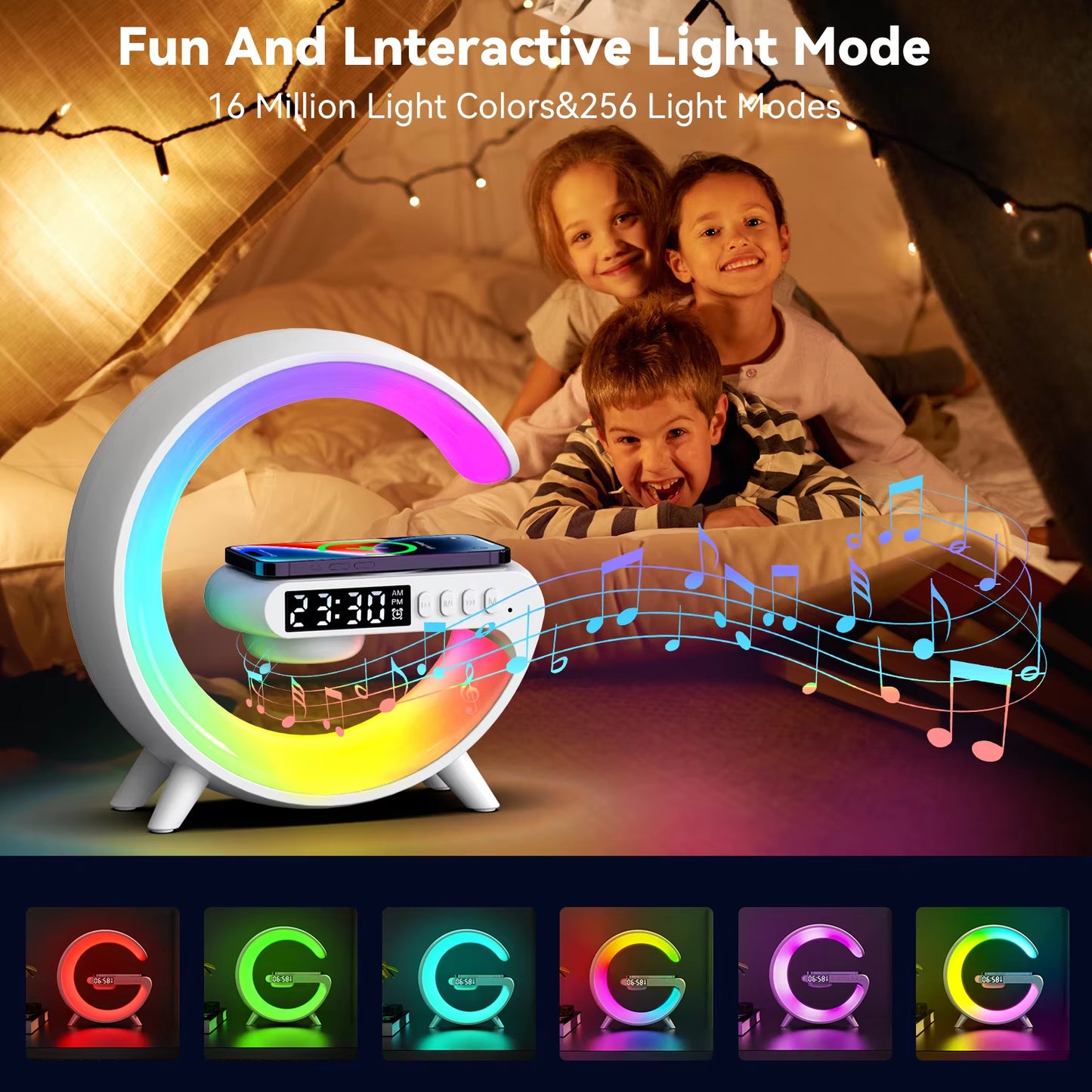 LED Smart Wake up Light RGB Night Light with Wireless Speaker 15W Wireless Rechargeable Desk Lamp for Bedroom Bedside Game Room