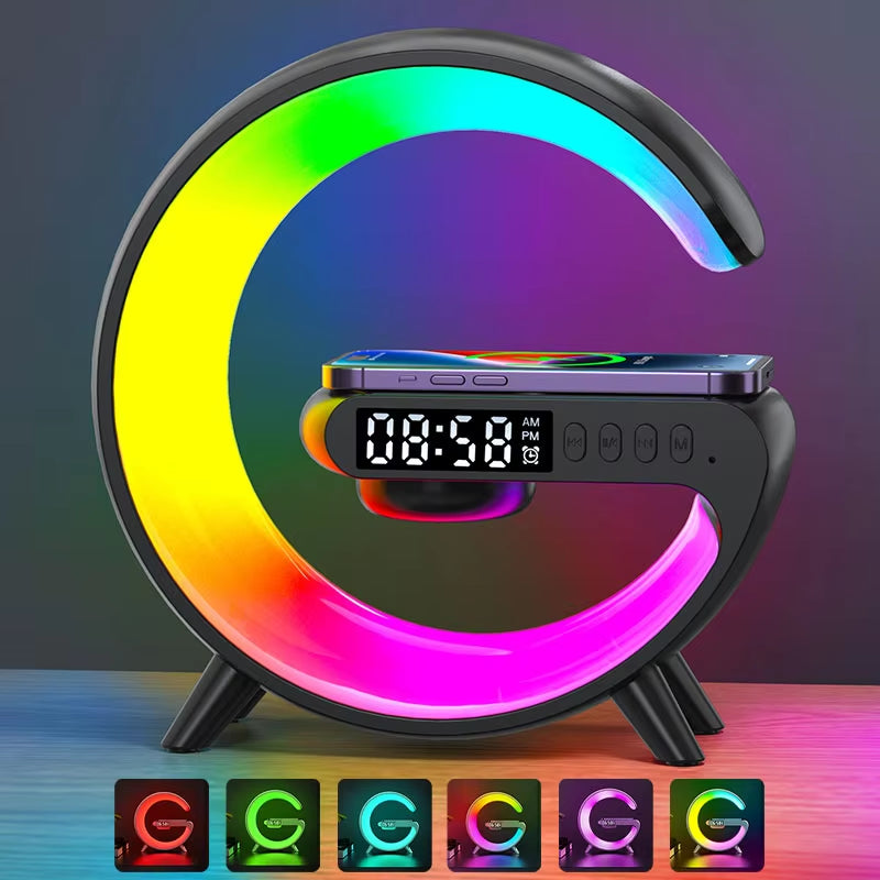 LED Smart Wake up Light RGB Night Light with Wireless Speaker 15W Wireless Rechargeable Desk Lamp for Bedroom Bedside Game Room