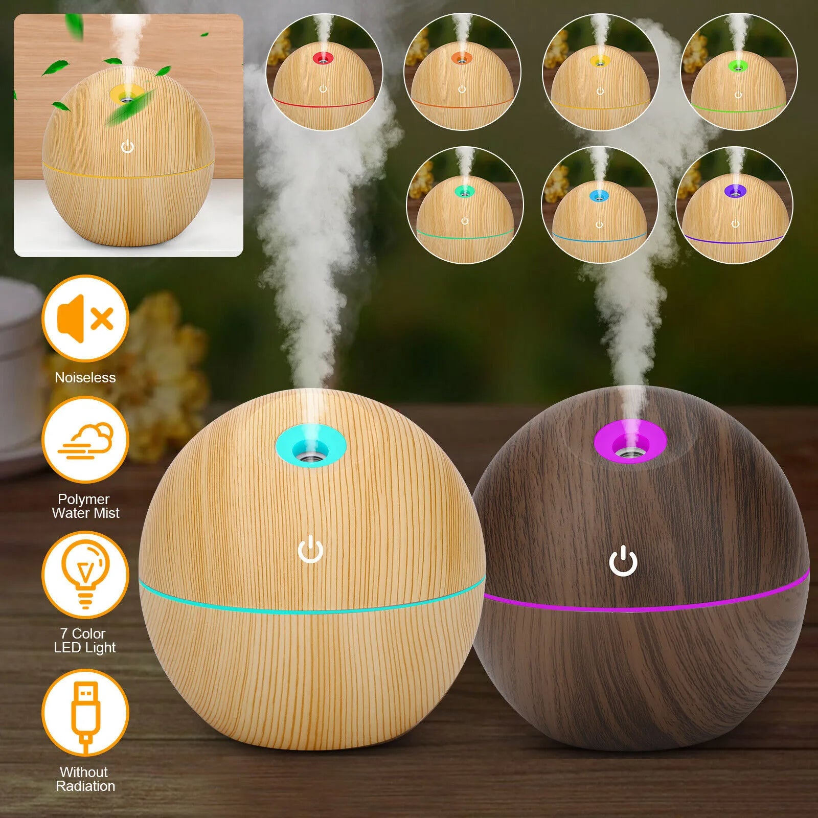 USB Aroma Humidifier Essential Oil Diffuser Ultrasonic Cool Mist Humidifier Air Humificador with 7 Color Change Air Humidifier Aroma Diffuser Essential Oil Humidifier Mist Maker Aromatherapy Wood